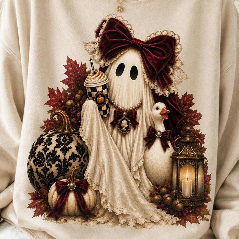 A person wearing a beige sweatshirt printed with a ghost holding a drink, a duck, pumpkins, red velvet bows, and autumn leaves.