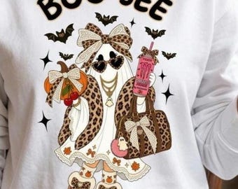 Fantasma leopardo Boojee con café, imagen PNG de Halloween para chicas