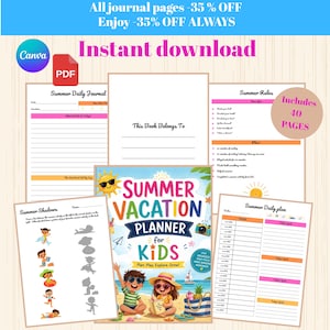 Peut inclure: Un planificateur de vacances d'été coloré pour enfants, avec une couverture montrant des enfants à la plage. Comprend des pages pour les journaux quotidiens, les règles d'été et un plan quotidien. Le texte dit "Téléchargement instantané".