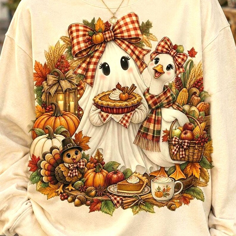 A person wearing a beige sweatshirt displaying a ghost holding a pie and a duck next to a Thanksgiving-themed harvest wreath.
