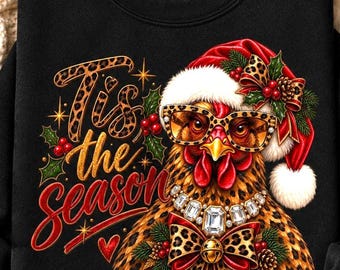 Navidad es la temporada PNG, diseño de sublimación de pollo navideño con leopardo glamuroso, animal de granja divertido