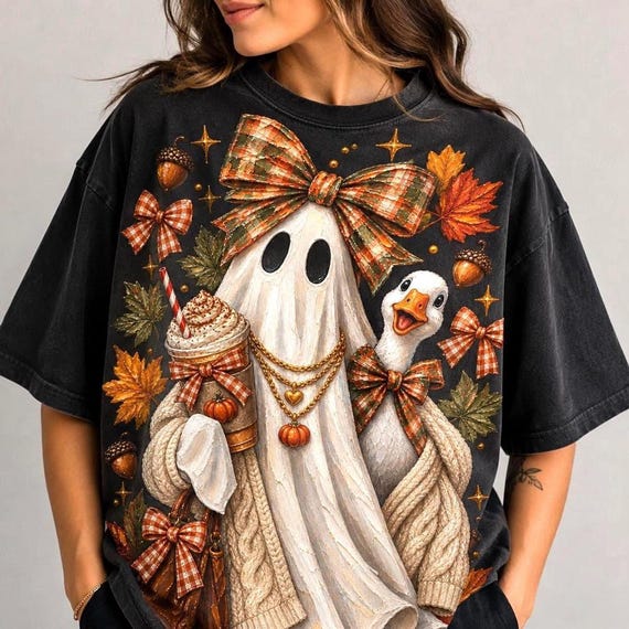 Cozy Fall Shirt Graphic, Preppy Ghost And Goose PNG Digital Download, goose orange png