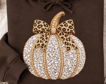 Calabaza Diamante PNG, Diseño de Calabaza con Diamantes de Peluche y Lazo de Leopardo de Lujo para Sublimación, Imágenes Previas de Joyas Glamurosas para Halloween