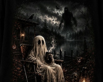 Scary ghost mental I'm here PNG, Halloween oversized spooky sublimation design with haunted lake scene