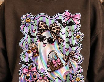 Imágenes prediseñadas digitales, fantasma coqueto de Halloween PNG con diseño de arcoíris Y2K, fantasma iridiscente