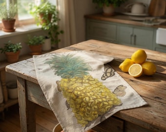 Ripe Pineapple Butterfly Tea Towel - Maria Sibylla Merian Vintage Botanical Art, Cotton Kitchen Towel