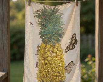 Vintage Maria Sibylla Merian Rijpe Ananas Vlinders Theedoek - Surinaamse botanische illustratie keukendecor
