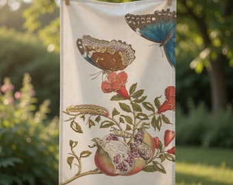Vintage Maria Sibylla Merian Pomegranate Blue Morpho Butterflies Tea Towel - Surinam Botanical Illustration Kitchen Decor