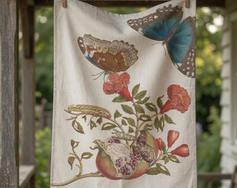 Vintage Maria Sibylla Merian Pomegranate Blue Morpho Butterflies Tea Towel - Surinam Botanical Illustration Kitchen Decor