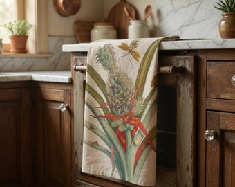 Toalla de té de piña Maria Sibylla - Arte botánico vintage, toalla de cocina de algodón