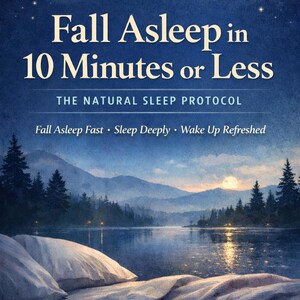 May include: An illustrated book cover with a night sky theme. The text reads "Fall Asleep in 10 Minutes or Less" above a lake scene with mountains and trees. The moon and stars are visible. The text "HolisticHealthSpace" is at the bottom.