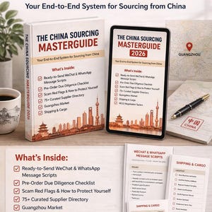 May include: Image of a guide titled "The China Sourcing Masterguide 2026". The guide is available in print and digital formats. The cover features the title in red and white, with a cityscape illustration. The guide covers sourcing from China.