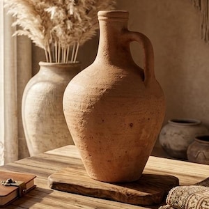 Peut inclure: Une table en bois rustique présente une cruche en terre cuite, un journal en cuir et des textiles pliés. Un grand vase contient des plumes de pampa séchées. La scène est baignée de lumière naturelle, créant une ambiance bohème chaleureuse. La cruche mesure environ 30 cm de haut.