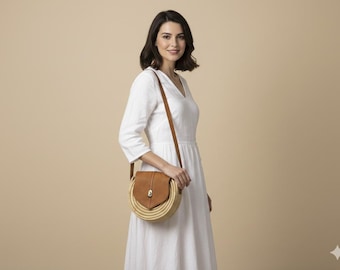 Borsa a tracolla rotonda fatta a mano in paglia e pelle – Borsa a tracolla Boho Chic, marrone naturale, accessorio estivo
