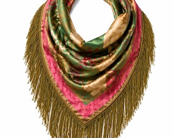 Gemusterter Seiden Fransen Schal, Boho Western Quaste Bandana Accessoire