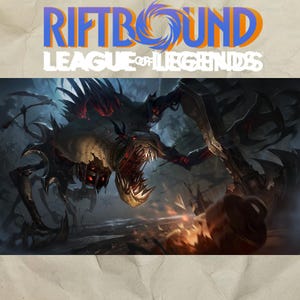 May include: Digital artwork featuring a monstrous creature with sharp teeth and claws, set against a dark, fiery background. The image includes the text "RIFTBOUND LEAGUE OF LEGENDS" in a stylized font.