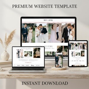 May include: A website template displayed on a laptop, desktop monitor, tablet, and smartphone. The website features wedding photos and the text "PREMIUM WEBSITE TEMPLATE" and "INSTANT DOWNLOAD". The website is branded "RILEY STERS".