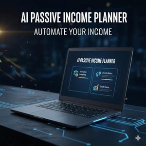 Puede incluir: Un portátil que muestra "AI PASSIVE INCOME PLANNER" y "AUTOMATE YOUR INCOME". La pantalla muestra un mapa de configuración, métricas de crecimiento y otras visualizaciones de datos. El portátil está sobre una superficie oscura.