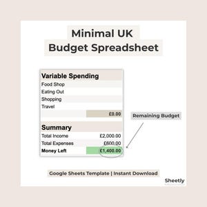 May include: A digital spreadsheet titled "Minimal UK Budget Spreadsheet" with sections for variable spending and a financial summary. The summary shows total income, expenses, and money left, with a remaining budget indicator.