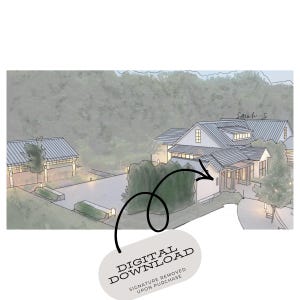Può includere: Illustrazione architettonica di una casa moderna con tetto grigio chiaro e pareti bianche. L'immagine include un vialetto, paesaggistica e il testo "DOWNLOAD DIGITALE". La firma verrà rimossa dopo l'acquisto.