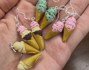 Ice Cream Waffle Cone Earrings | Handmade Polymer Clay Food | Dangle Jewelry