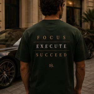 May include: Dark green t-shirt with the words "FOCUS EXECUTE SUCCEED" printed in gold. The shirt also has the initials "D|L" printed in gold. The shirt is being worn in front of a black car.