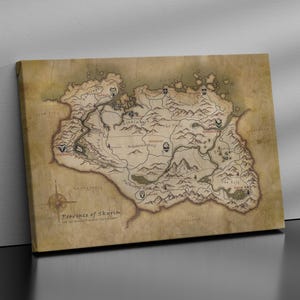 Skyrim Map Canvas Print Province of Skyrim Poster Tamriel RPG World Map Elder Scrolls Game Decor Vintage Fantasy Map Artwork