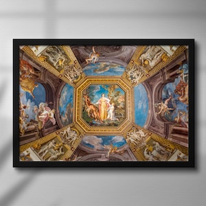 May include: Framed print of a ceiling fresco with detailed artwork. The painting features figures, architectural elements, and a central scene with a blue sky background. The frame is black.