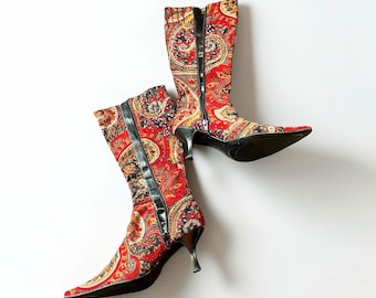 Diba Women's Knee High Paisley Boots Red/Black/Gold Pointed Toe Zip Stiletto