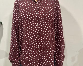 Vintage 100% silk burgundy heart print blouse Large
