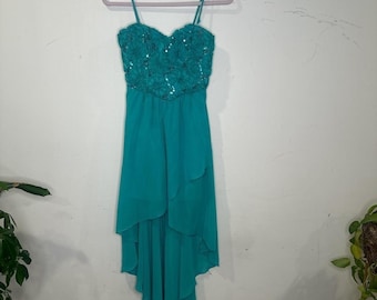 Y2K Fairy Whimsical Teal high low prom dress with sequins flower detail 5 Smal