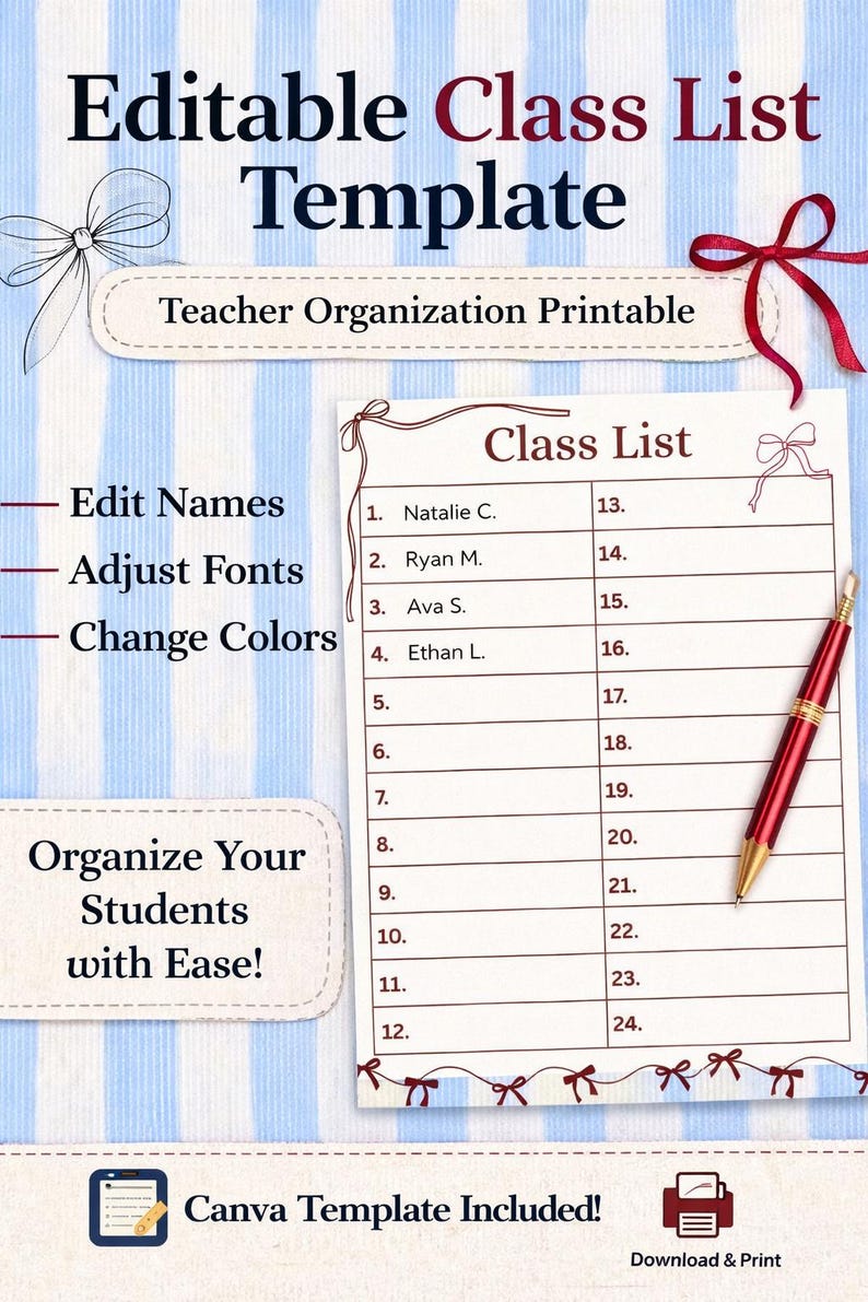 Editable Class List Template | Teacher Organization Printable ...