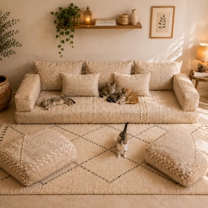 May include: A beige floor sofa with matching rectangular cushions, two square floor pillows, and a rectangular area rug featuring a diamond pattern. Several cats are resting on the sofa and standing on the rug, which has fringed edges.