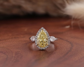 2.20 CT Fancy Yellow Pear Shaped Halo Engagement Ring, Lab Grown Pear Cut Three Stone Ring, Teardrop Diamond Ring