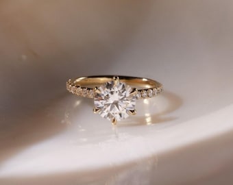 2.00 CT Round Lab Grown Diamond Engagement Ring | 14k Yellow Gold Hidden Halo Ring | Pavé Diamond Band Wedding Ring for Her
