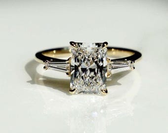 2.00 CT Radiant Cut Lab Grown Diamond Three Stone Ring, 18K Solid Yellow Gold Wedding Ring, Promise Ring For Her