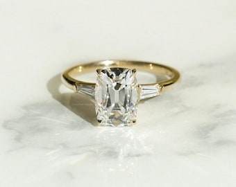 2.50 CT Old Mine Cushion Cut Lab Grown Diamond Three Stone Ring, Side Tapered Baguette, 14k Solid Gold Wedding Ring