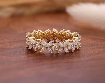 Floral Diamond Eternity Lab Grown Diamond Band, Marquise & Round Cut Wedding Band, Solid Yellow Gold Full Eternity Ring