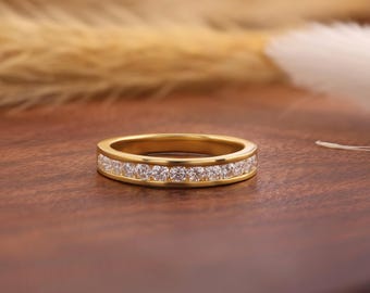 Solid Gold Channel Set Wedding Band, Round Cut Lab Grown Diamond Eternity Ring, Anniversary Band for Women