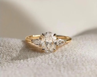 2.00 CT Oval Cut Lab Grown Diamond Three Stone Ring, 14K Solid Yellow Gold Wedding Ring, Promise Ring For Her