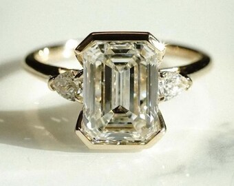 2.50 CT Emerald Cut Lab Grown Diamond Three Stone Ring, 14K Solid Yellow Gold Wedding Ring, Promise Ring For Her