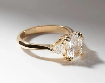 2.50 CT Radiant Cut Diamond Engagement Ring, 14K Yellow Gold Lab Grown Diamond Ring, Trillion Cut Side Stones