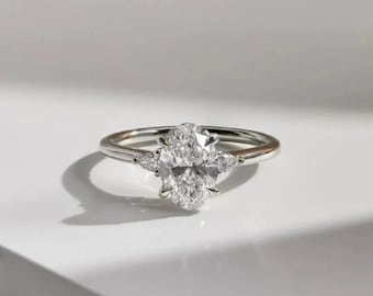 2.00 CT Oval Lab Grown Diamond Three Stone Engagement Ring, Pear Side Stone Wedding Ring, 14k Solid White Gold Ring