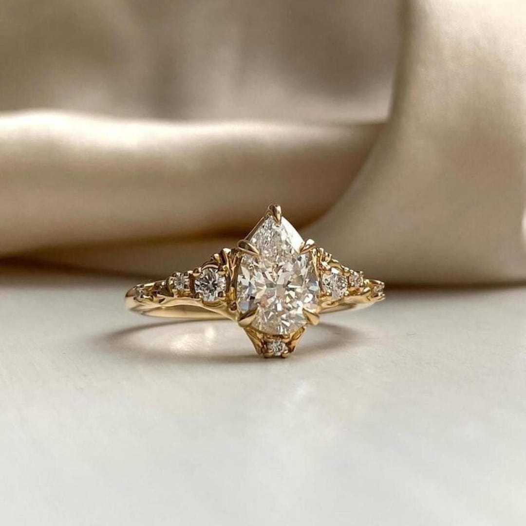 Vintage Inspired Pear Cut Lab Diamond Ring, 14K Solid Gold Engagement ...