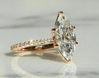 2.00 CT Marquise Cut Lab Grown Diamond Engagement Ring, 14K Solid Gold Diamond Pave Band, Promise Ring
