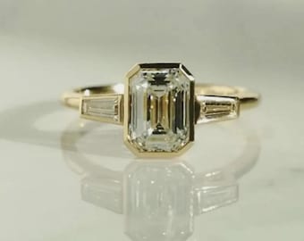 2.50 CT Emerald Cut Lab Grown Diamond Three Stone Ring, 14K Solid Yellow Gold Wedding Ring, Anniversary Gift For Her