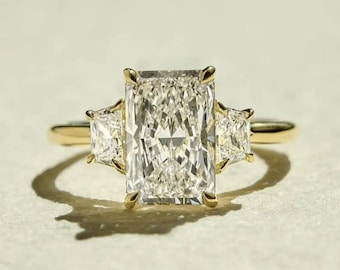 4.20 Ct Radiant Cut Lab Grown Diamond Three Stone Ring, 14K Solid Yellow Gold Wedding Ring, Promise Ring
