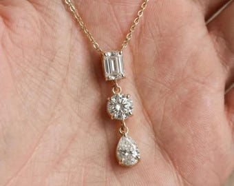 Multi Cut Lab Grown Diamond Pendant, Solid Gold Three Stone Geometric Drop Pendant, Emerald Pear Round Stone Bridal Pendant