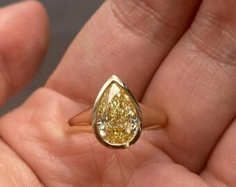 2.20 CT Fancy Yellow Pear Cut Lab Grown Diamond Solitaire Ring, 14K Solid Yellow Gold Wedding Ring