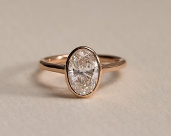 2.00 CT Oval Lab Grown Diamond Bezel Engagement Ring, 14k Solid Gold Solitaire Ring
